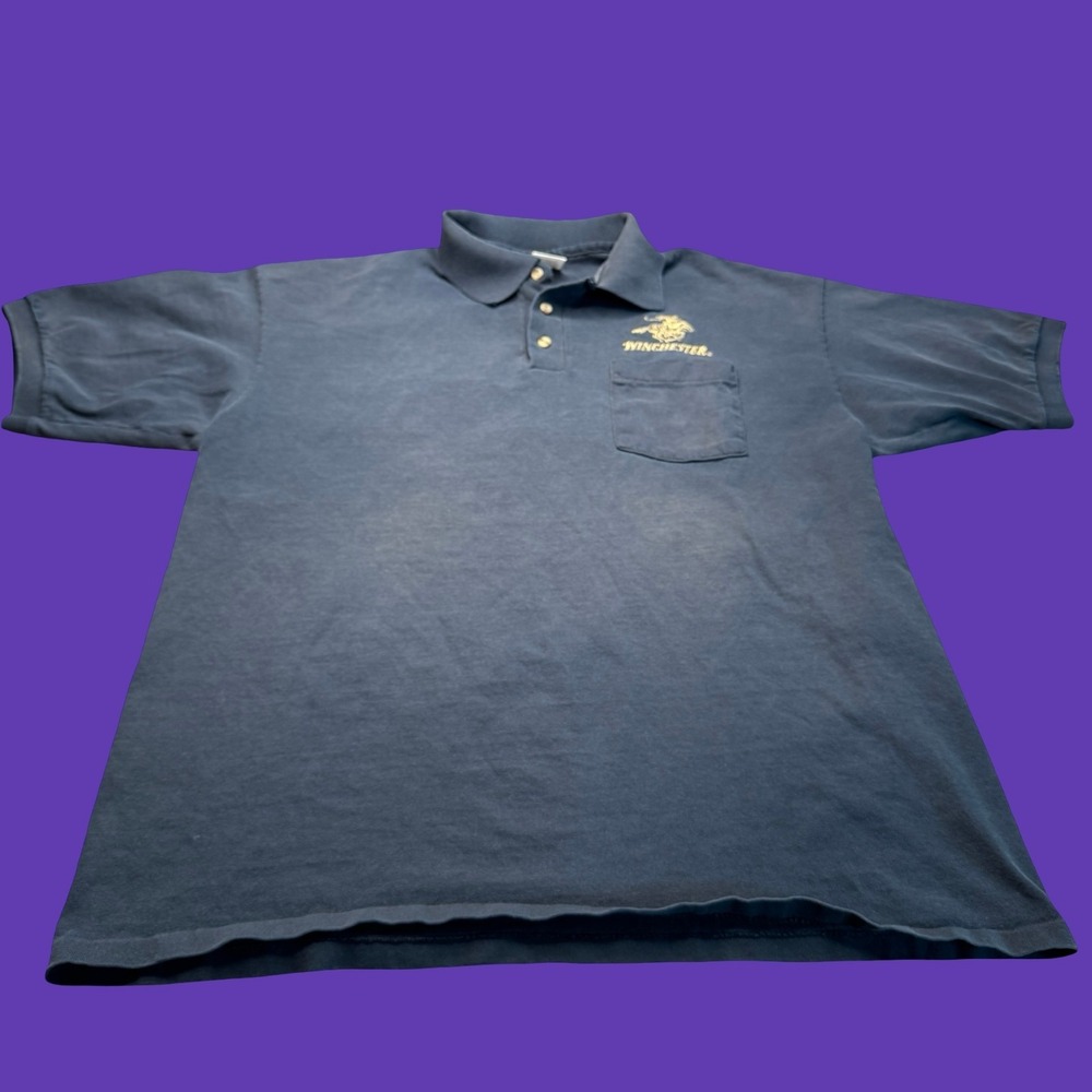 Vintage Winchester Polo Shirt XL Black Embroidered Logo USA Faded Pocket
